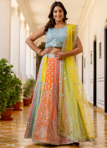 Georgette Sequence Embroidered Multi Color Lehenga Choli For Wedding